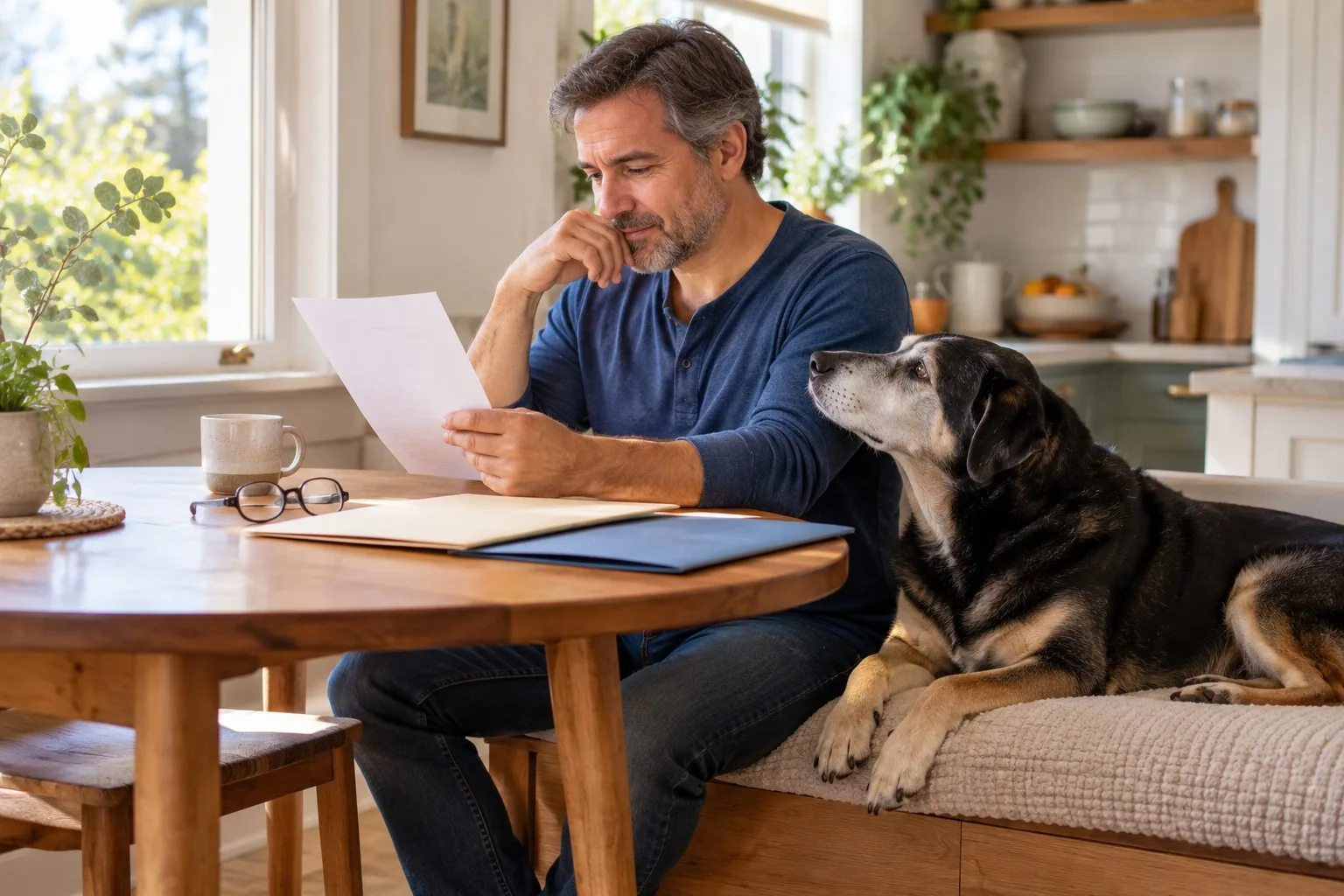 Owner comparing papers beside a gray-muzzled dog at a kitchen table